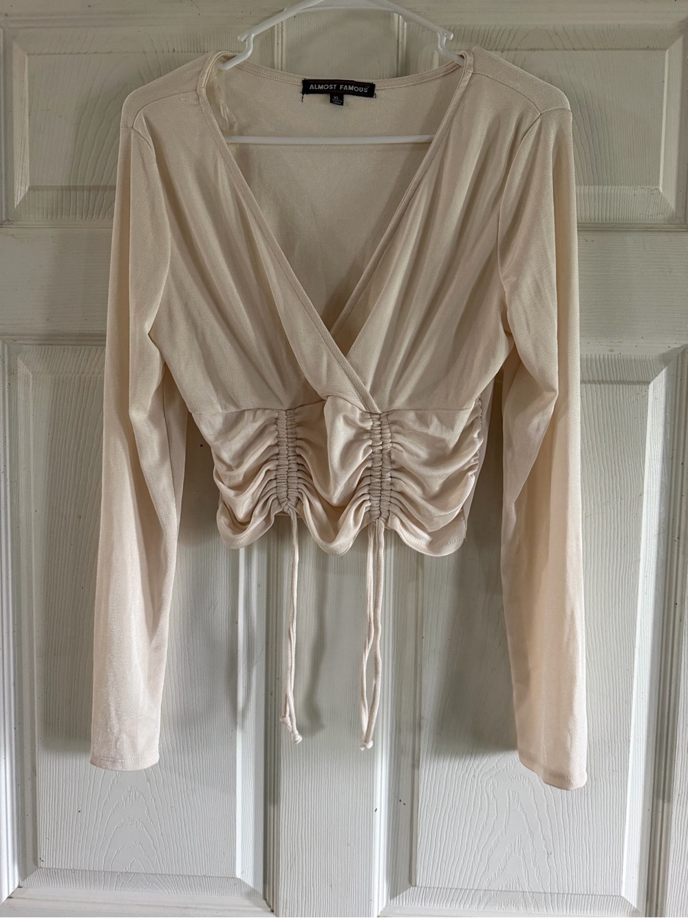 Almost Famous Cream Ruched Long-Sleeve Wrap Top